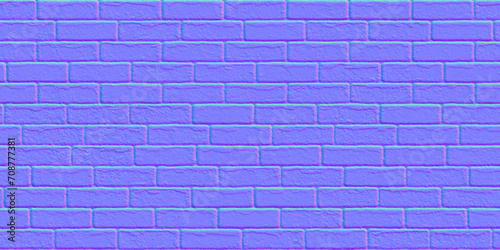 Fototapeta Naklejka Na Ścianę i Meble -  Seamless rough subway brick wall normal map background texture. Old rustic grungy brickwork repeat pattern. Realistic 8k game or architecture design height bump mapping material shader 3D rendering.