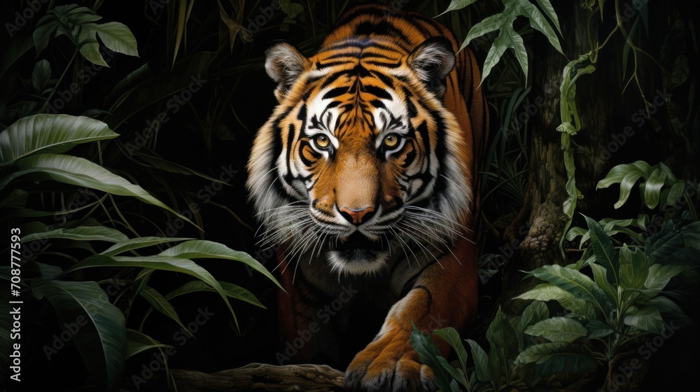  a painting of a tiger walking through a forest filled with green plants and tall, leafy trees, with a dark background of foliage, with only one tiger's face visible in the foreground.