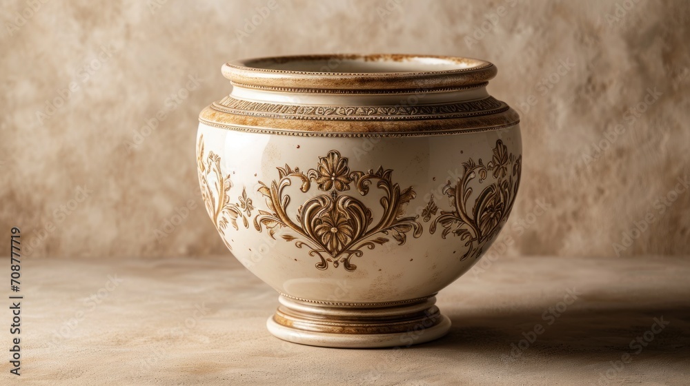  a close up of a vase on a table with a wall in the back ground and a wall in the back ground behind it and a wall in the background.
