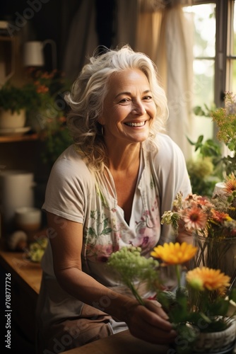 Portrait of a smiling elderly woman with flowers © duyina1990