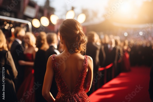 Blurred bokeh effect at a movie premiere with celebrities, red carpet, and flashing cameras photo