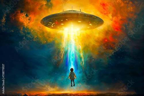 Boy being abducted by alien UFO, conspiracy theory, sci fi