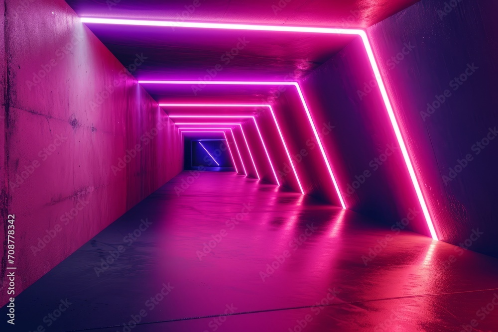 A lone light pierces the dark emptiness of a long hallway, casting an eerie purple glow on the walls