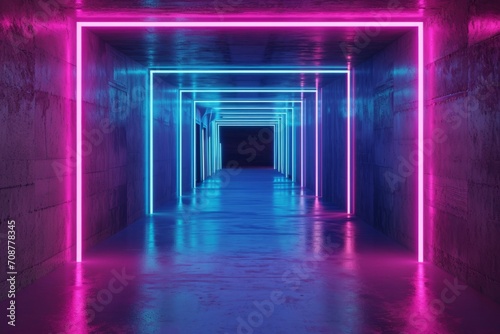 Abstract light fills an empty hallway interior with a futuristic tunnel effect