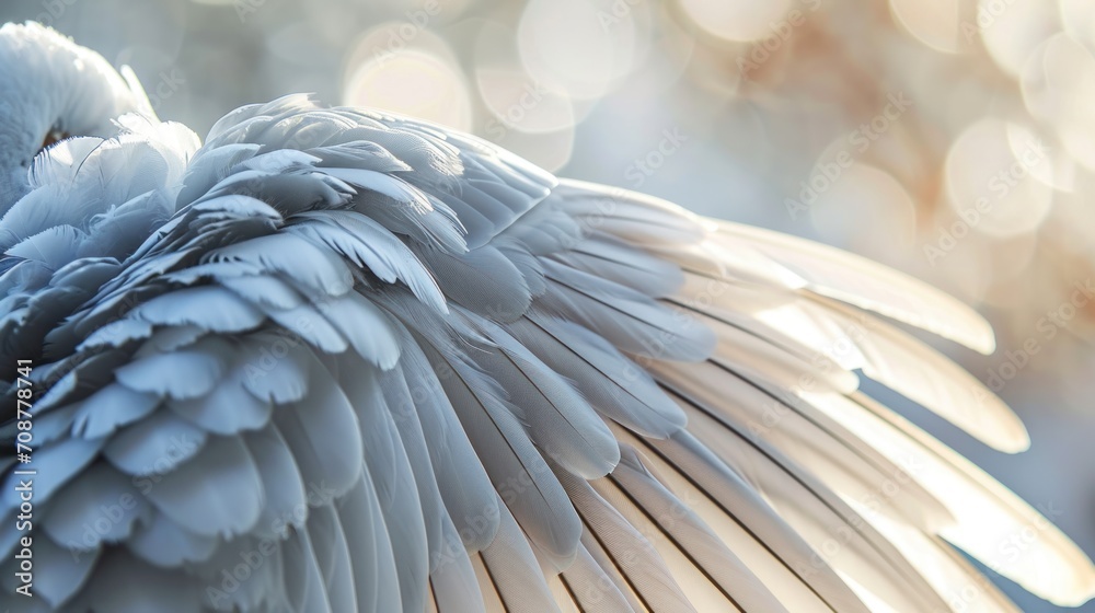 Obraz premium a close up of a white bird's wings with a blurry background of boke of light coming from the back of the wings of the bird's wings.