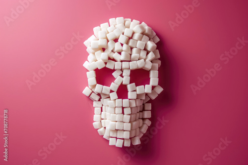 Skull in the form of white sugar. Diabetic concept. Quitting sugar in favor of a healthy lifestyle. Pink background photo
