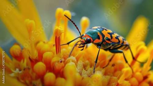  a close up of a bug on a flower with yellow flowers in the foreground and a green and orange bug on the back of the top of the flower.