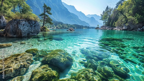  a body of water with rocks and trees in the foreground and a mountain range in the distance with blue sky and green water in the middle of the water.