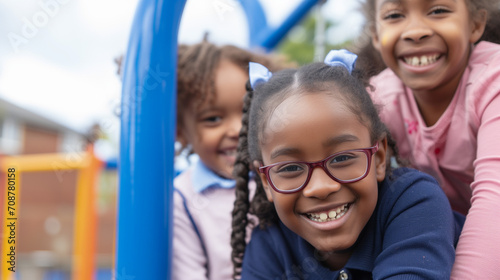 Happy black school children playing together in the park playground