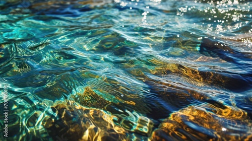 a body of water that has a lot of blue and green water and some yellow and green leaves on the bottom of the water, and bottom of the water.
