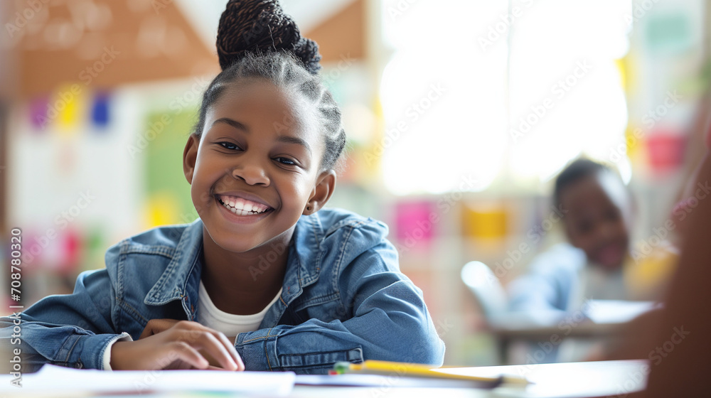 Foto de Happy black african american child school girl studying in the ...