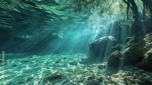  the sun shines through the water on the rocks and under the water is a rock - strewn area with rocks and a tree in the middle of the water.