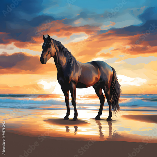 A brown horse standing on top of a sandy beach under a cloudy blue and orange sky with a sunset. Ai generative © Prasanth