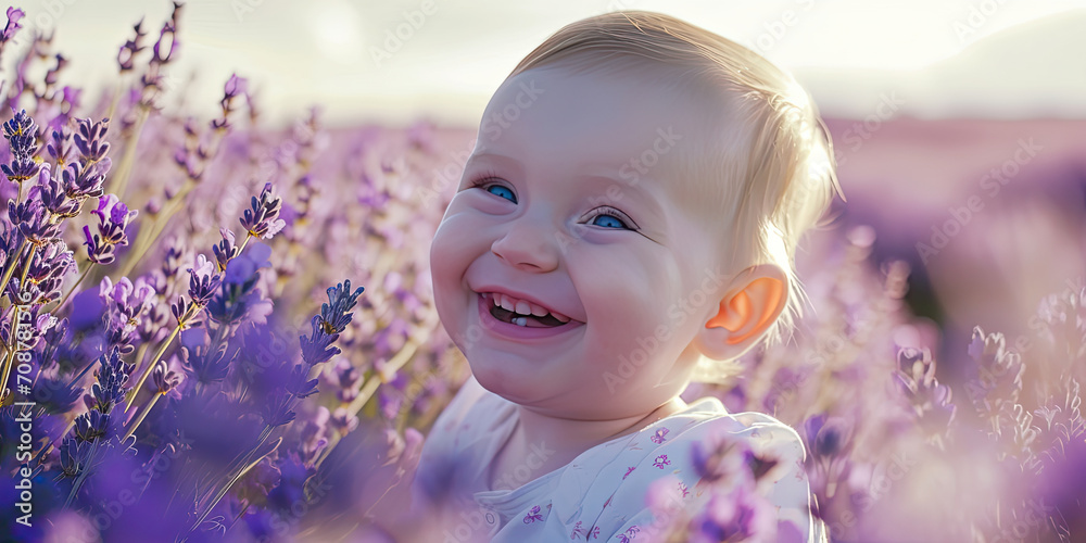 cute baby in lavender field, generative AI - obrazy, fototapety, plakaty 