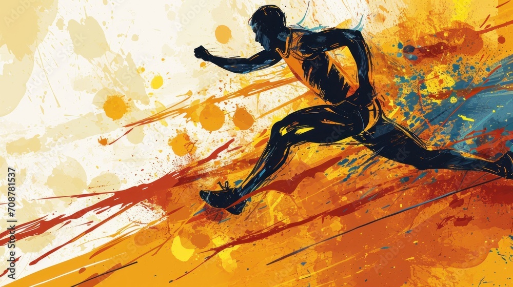  a digital painting of a man running on a yellow and orange paint splattered background with a splash of paint on the side of the running man's body. - obrazy, fototapety, plakaty 