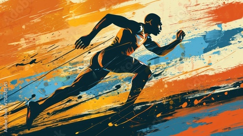  a painting of a man running in the rain with orange and blue paint splattered on the background of a yellow, blue, red, orange, orange, and white, and black background.