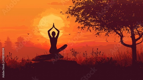  a silhouette of a person doing yoga in the middle of a field at sunset with a tree in the foreground and a bird flying in the sky in the background.