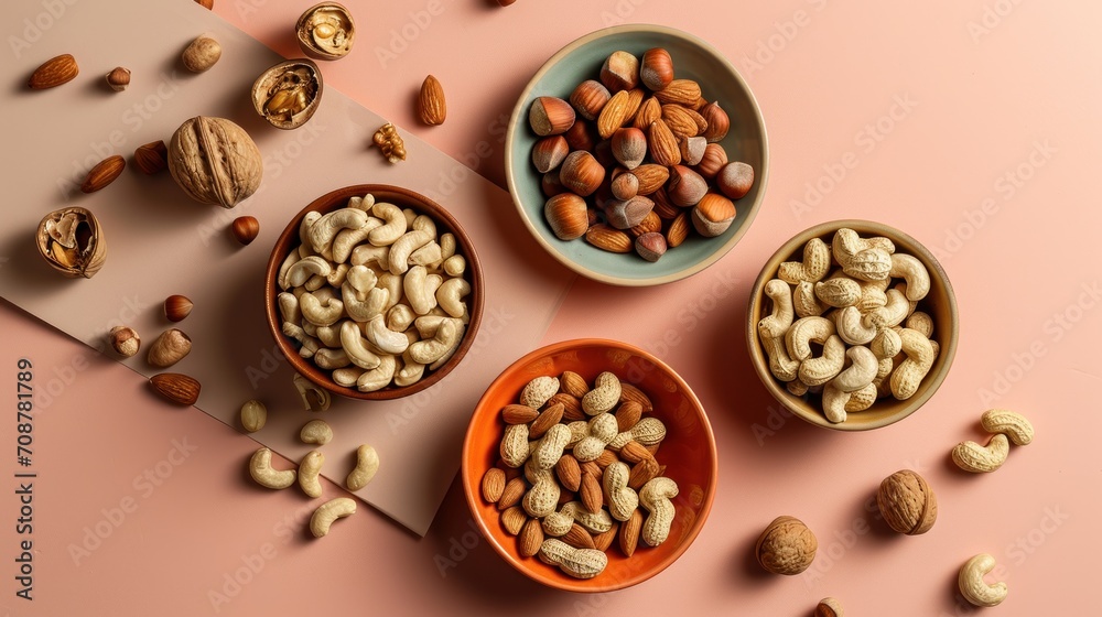 three bowls filled with nuts on top of a table next to a cutting board with a knife and a bowl of nuts on top of a table next to a cutting board. three bowls filled with nuts on top of a table next to a cutting board with a knife and a bowl of nuts on top of a table next to a cutting board.