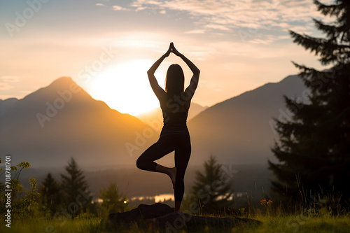 Silhouette of young woman practicing yoga in mountains at sunset.