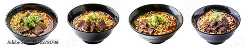 Set of bowl of beef noodles in a black dish, cut out - stock png.