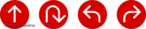 Go Straight This Way One Way Only U Turn Left and Right Red and White Arrow Round Circle Traffic Sign Direction Icon Set. Vector Image.