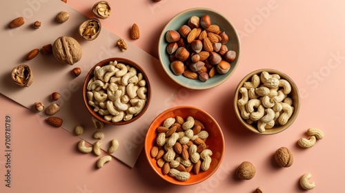  three bowls filled with nuts on top of a table next to a cutting board with a knife and a bowl of nuts on top of a table next to a cutting board.