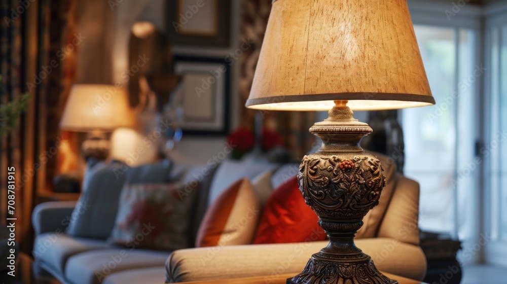 Obraz premium a lamp sitting on top of a table in a living room next to a couch and a table with a lamp on top of it in front of a window.
