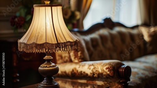  a table lamp sitting on top of a wooden table next to a couch in a living room next to a window with drapes on the side of the couch.