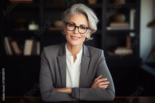 Beautiful middle aged woman, gray hair wearing glasses, sitting at her desk smiling, business woman, healthy
