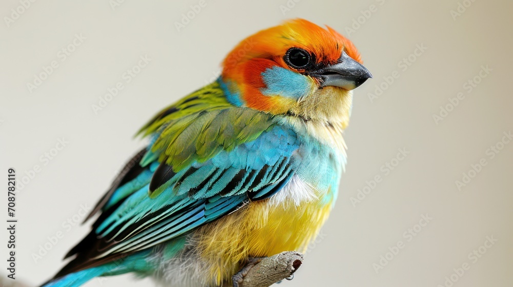  a colorful bird sitting on top of a tree branch with a white wall in the background and a white wall in the background behind the bird is a multicolored bird.