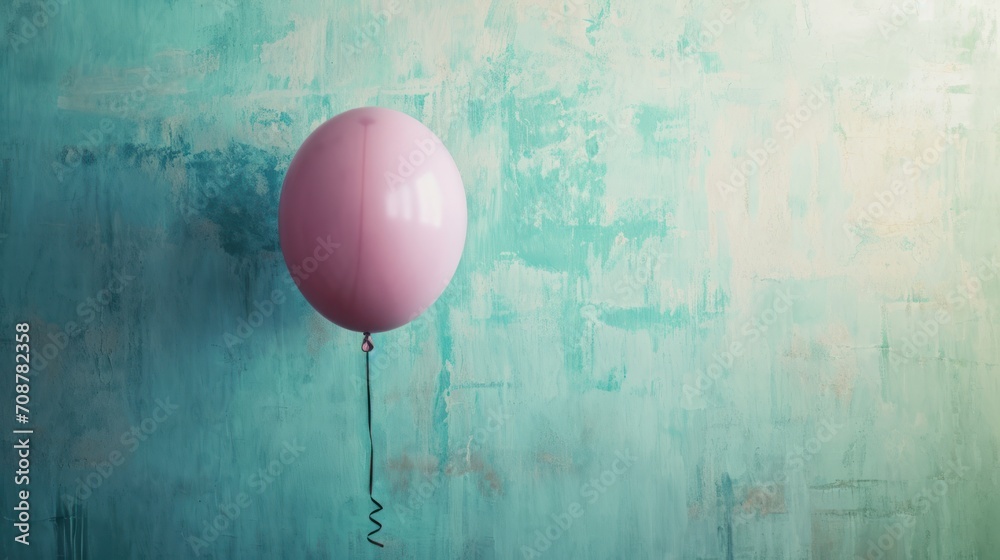 a pink balloon hanging from the side of a green wall with a string attached to the end of the balloon and a string attached to the end of the balloon. a pink balloon hanging from the side of a green wall with a string attached to the end of the balloon and a string attached to the end of the balloon.