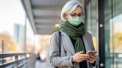 A middle-aged woman, gray hair, wire glasses, wearing a surgical mask using a mobile phone 