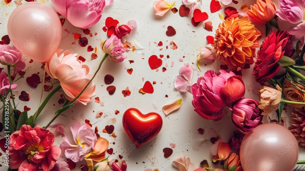 a table topped with lots of pink and red flowers next to a heart shaped balloon on top of a table covered in confettilifflows and confetti. a table topped with lots of pink and red flowers next to a heart shaped balloon on top of a table covered in confettilifflows and confetti.