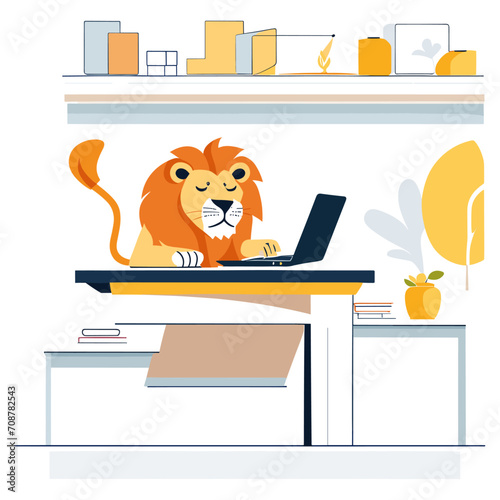 Illustations of an Lion Using Laptop at Desk: A lion sitting at a desk and using a laptop.  photo