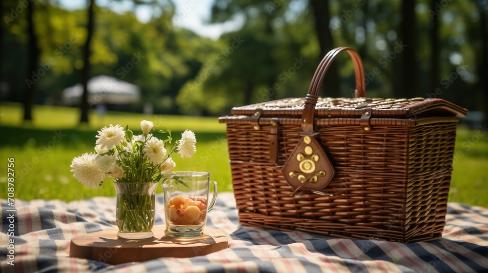 Picnic in the park with a wicker basket full of food and drinks