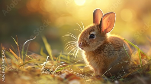  a small rabbit sitting in the grass with the sun shining down on it's back and its ears hanging over it's head, looking at the camera. © Anna