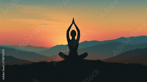  a silhouette of a person doing yoga in front of a mountain range with the sun setting in the distance and mountains in the background with a person doing a yoga pose.