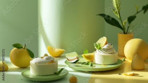  a table topped with a plate of food covered in lemons and a vase filled with lemons and a lemon slice on top of a plate next to the plate.