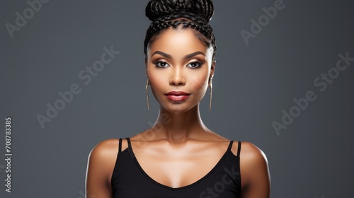 Elegant black woman with braided hair and makeup