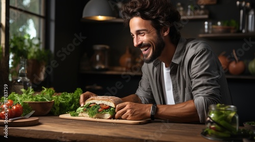 Laughing man making a sandwich in the kitchen