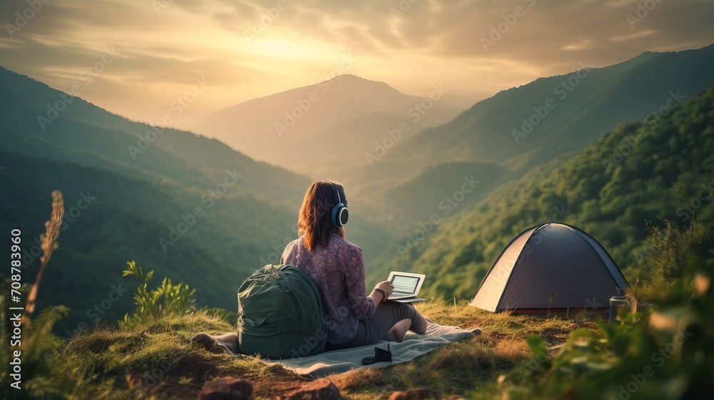 Young woman freelancer typing on laptop while enjoying the stunning mountainous landscape