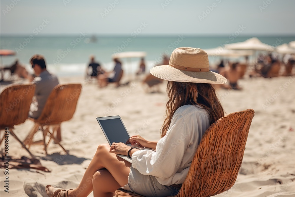 Freelance work on beach  remote job, vacation, e learning, social distancing, connection concept