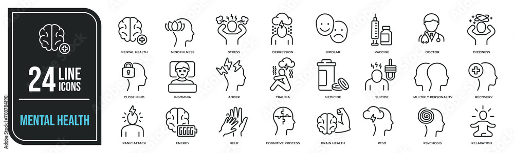 Mental health simple minimal thin line icons. Related depression, bipolar, PTSD, trauma. Editable stroke. Vector illustration. - obrazy, fototapety, plakaty 