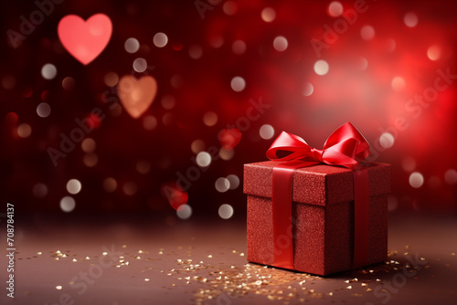 Close up of Valentine's Day present and heart shape with red confetti and glitter.. Gift box with ribbon bow tag over blurred heart shape bokeh background with lights. Generative AI