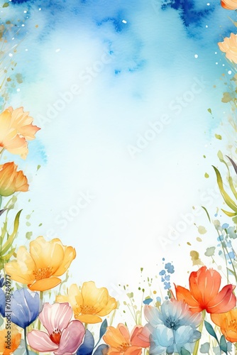 Fototapeta Naklejka Na Ścianę i Meble -  Floral watercolor frame with spring flowers and leaves on light blue background. St Valentines, Women's day, Easter. Romantic backdrop for wedding greeting card, banner, template with copy space