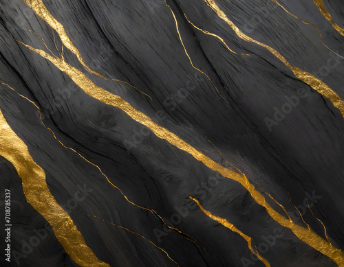 Graphite black wood texture with golden paint lines . black wood. wooden table © Amber Fox