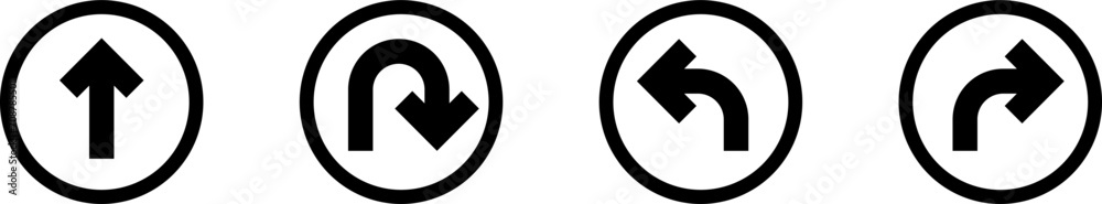 Go Straight This Way One Way Only U Turn Left and Right Black and White Arrow Round Circle Traffic Sign Direction Icon Set. Vector Image.