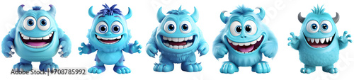 Cute blue monsters collection  cartoon style. On Transparent background