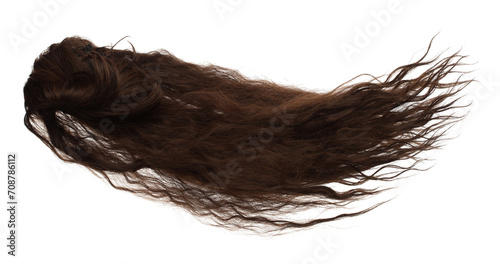 Wind blow Long straight Wig hair style fly fall. Brown wavy woman wig hair float in mid air. Straight brown black wig hair wind blow cloud throw. White background isolated detail motion photo