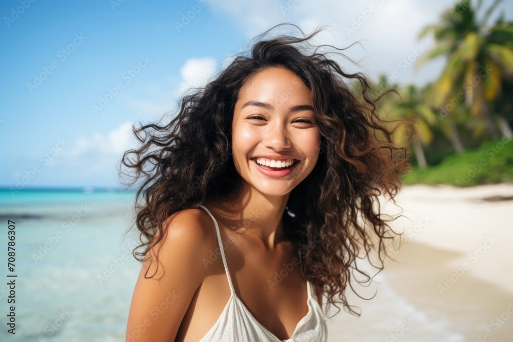 Asian woman smiling happy on tropical beach Asian woman smiling happy on tropical beach